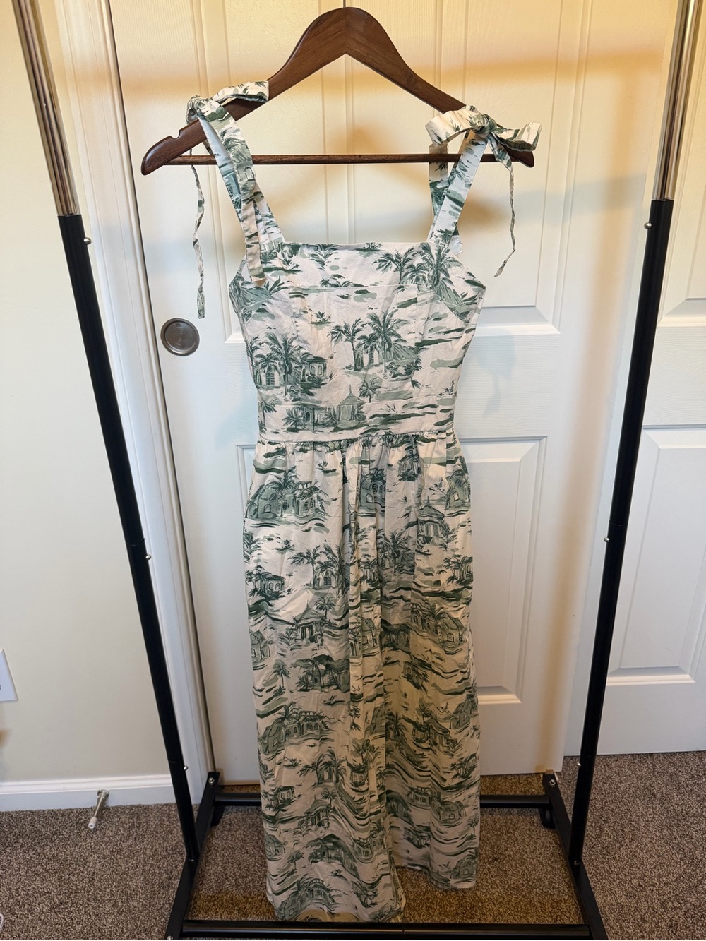 Rachel Zoe Cream Maxi Dress with Green Toile Print and Tie Shoulders